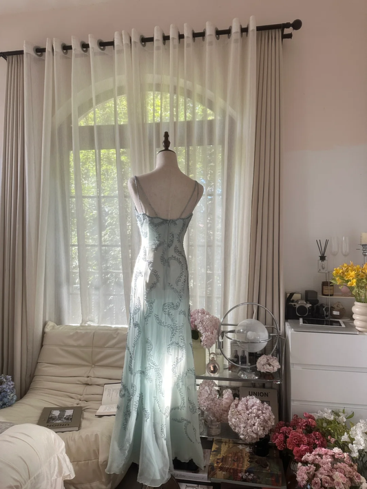 Retro Light Green Sparkling Beaded Spaghetti Strap Design Elegant Chiffon Evening Dress Prom Dress D1487