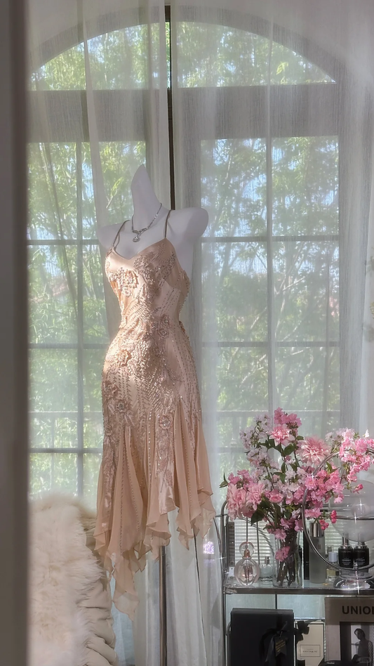 Vintage Champagne Sparkling Beaded Spaghetti Strap Romantic Chiffon Evening Dress Prom Dresses, D1462