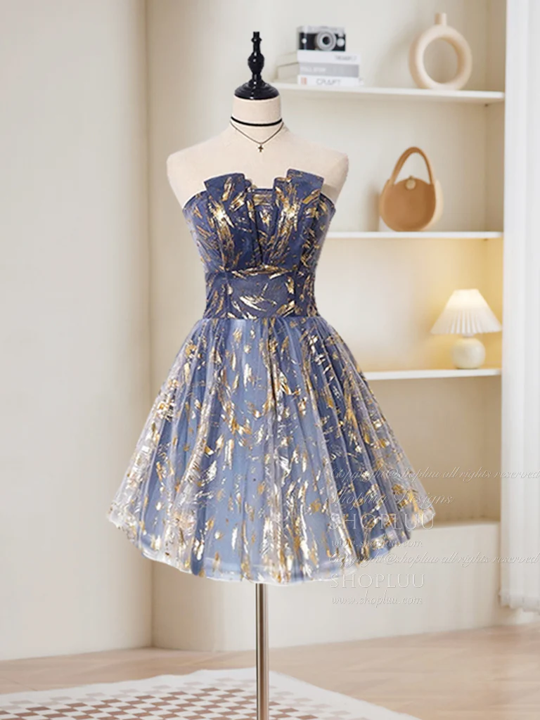 Retro Blue Sequin Strapless Design A-line Tulle Party Dress Homecoming Dress D1556