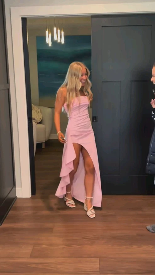 Robe fourreau longue rose sans bretelles, ravissante, tenue de soirée, robe d'invitée de mariage, MD7418