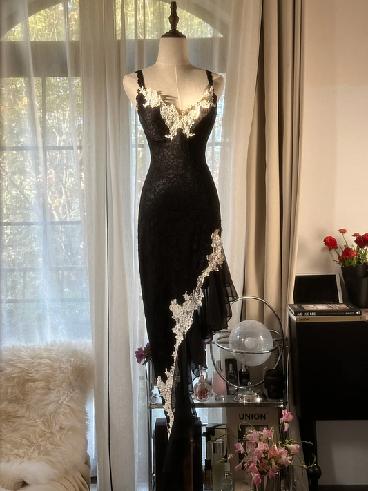 Schwarze Träger Meerjungfrau Spitze Asymmetrisches Langes Partykleid Vintage Abendkleid, D949