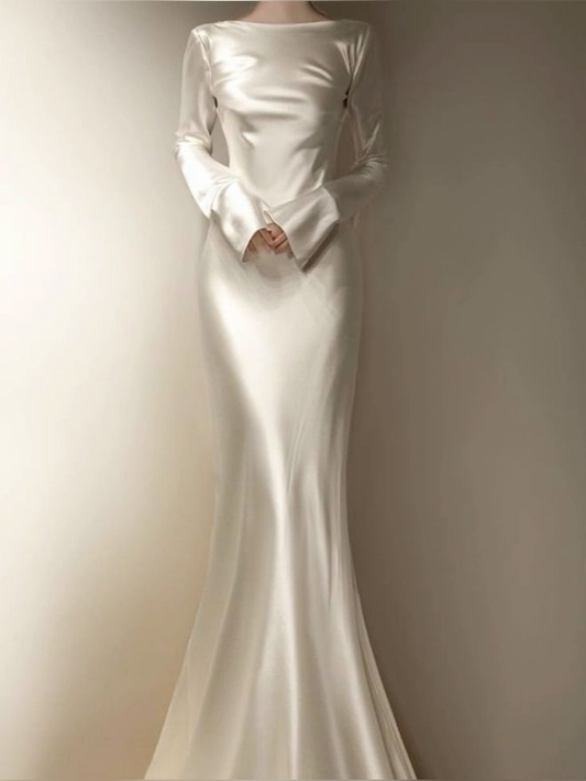 Robe de soirée élégante en satin ivoire à manches longues MD7575