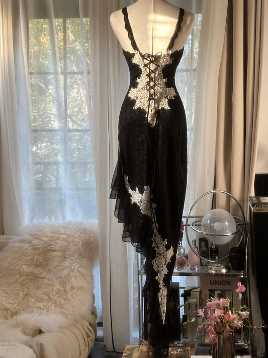 Schwarze Träger Meerjungfrau Spitze Asymmetrisches Langes Partykleid Vintage Abendkleid, D949