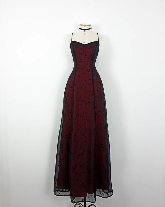 Burgunderrote Spaghettiträger A-Linie Vintage Lange Abend- und Partykleider, D1235