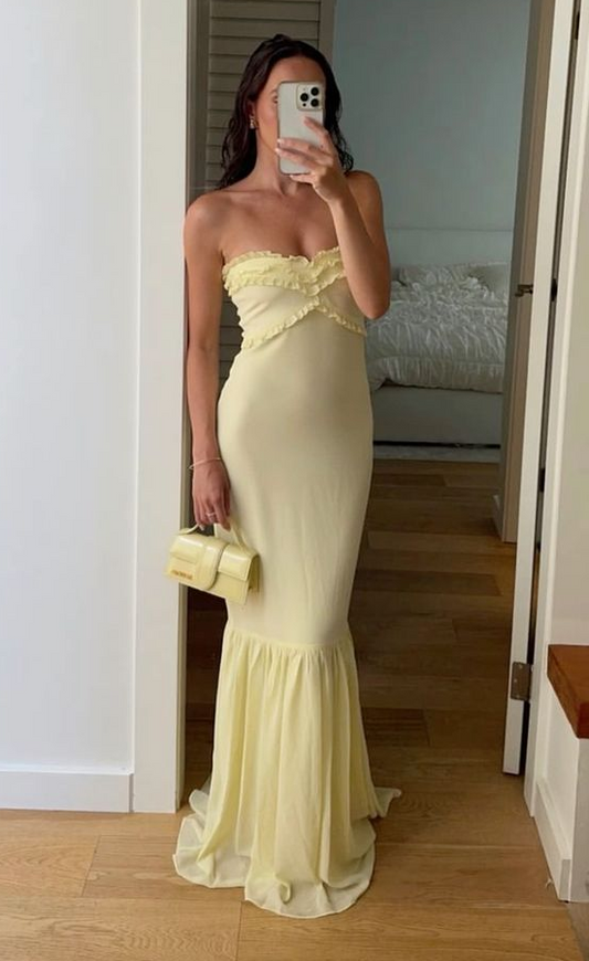 Light Yellow Strapless Chiffon Party Dress Wedding Guest Dress MD729