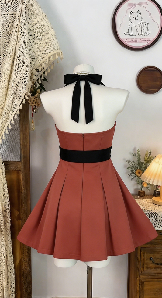 Elegant Homecoming Dress Halter Flower Pleated Back to School Outfits Party Dress D6533