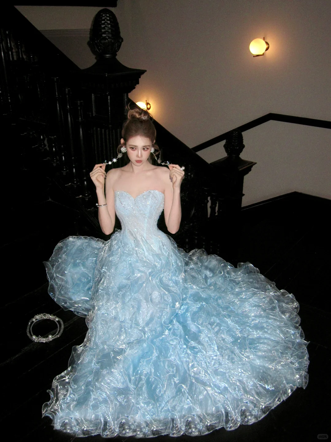 Gorgeous Shiny Light Blue Strapless Design A-Line Tulle Wedding Dress Prom Dress Evening Dress D1714