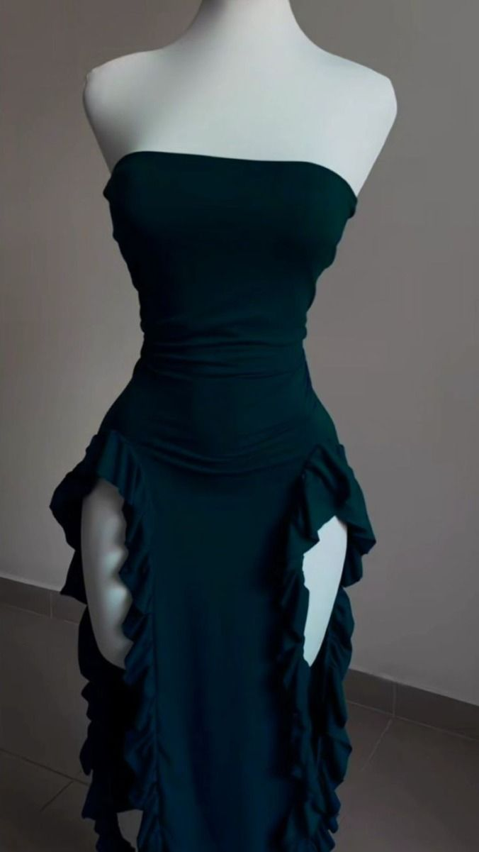 Burgundy Strapless Sheath Ruffles Midi Length Evening Party Dress MD7419