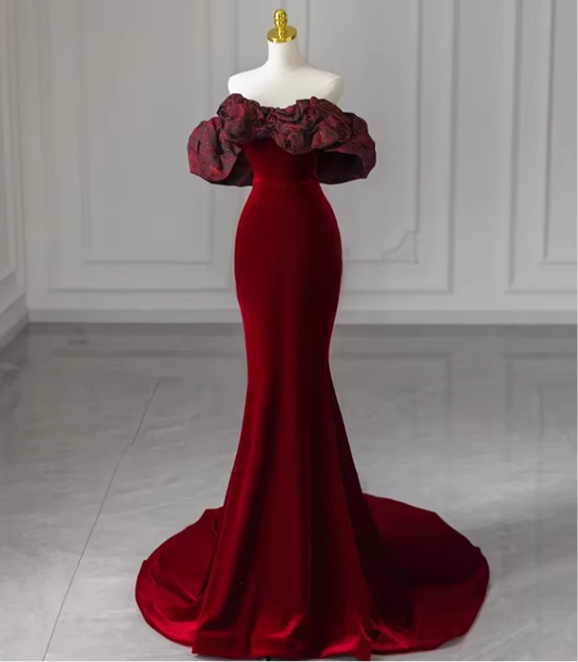 Charming Red Off Shoulder Velvet Mermaid Long Formal Party Dress MD7415
