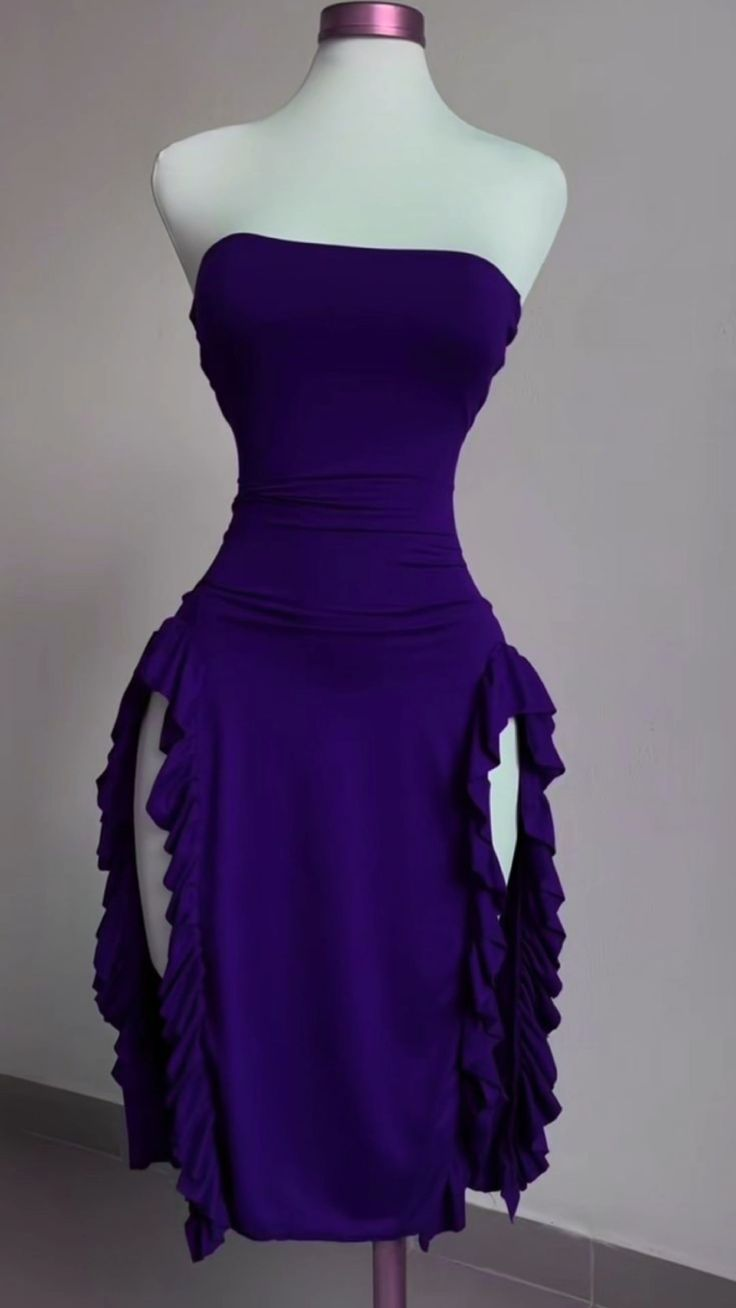 Burgundy Strapless Sheath Ruffles Midi Length Evening Party Dress MD7419