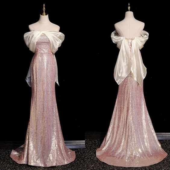 Robe de soirée longue sirène rose à paillettes et épaules dénudées MD7416