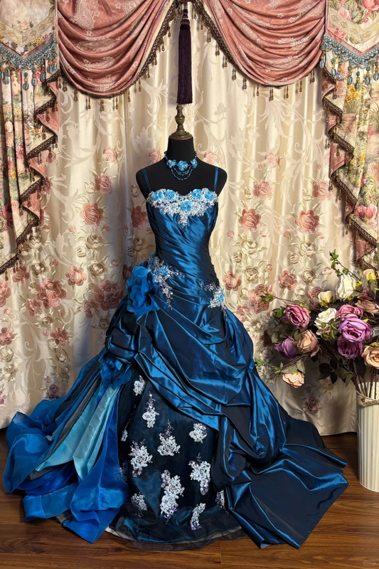 Blaues A-Linien-Abendkleid mit Spaghettiträgern und Satin-Applikationen im Retro-Stil, langes Ballkleid, D758