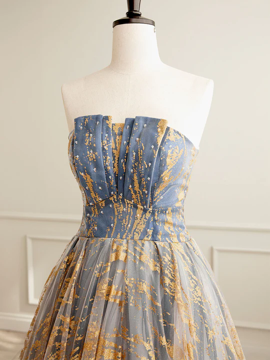 Vintage Sequin Beaded Strapless Ruffled Hem Design A-line Tulle Party Dress Homecoming Dress D1545