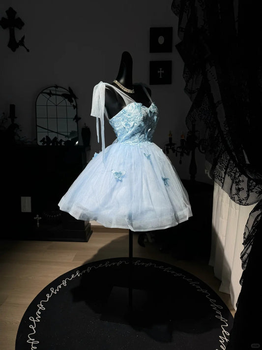 New Homecoming Dress Sweetheart Spaghetti Strap Butterfly Applique Tulle Back to School Outfits Party Dress D7592