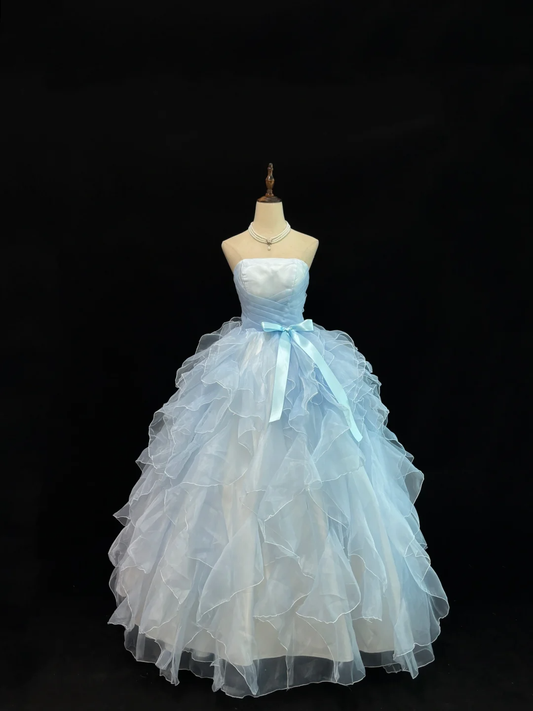 Hellblaues trägerloses A-Linien-Abendkleid mit Rüschen, Sweet 16 Geburtstagsballkleid, D1177