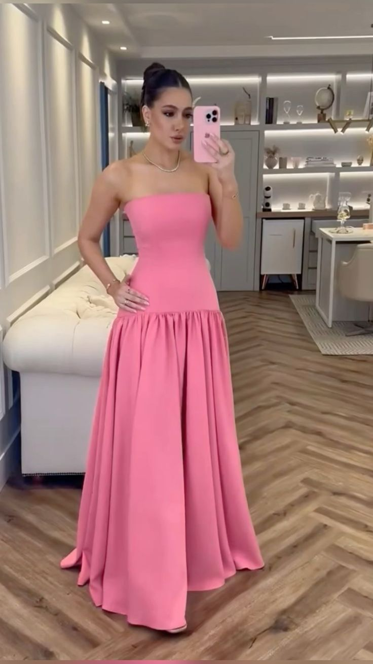 Elegant Pink Strapless A-Line Long Party Dress Wedding Guest Dress MD7317