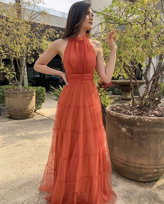 Robe de soirée longue en tulle orange à col licou et coupe trapèze MD7604