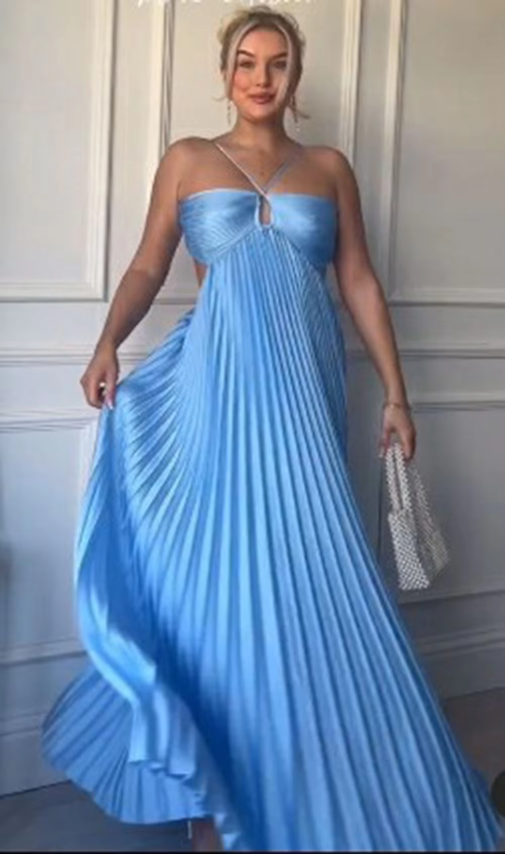 Blue Halter A-Line Open Back Pleated Satin Long Party Dress MD7318