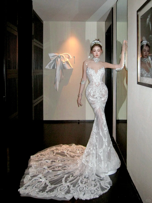 Elegante glitzernde Perlen Pailletten Applikation Sweetheart Design Meerjungfrau Brautkleid Ballkleid Abendkleid D1718