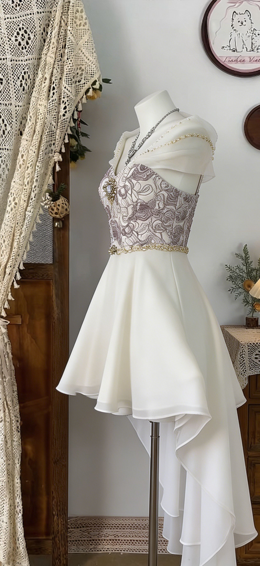 Beauty Homecoming Dress Portrait Hi-Lo Rinestone Back to School Outfits Party Dress D6539