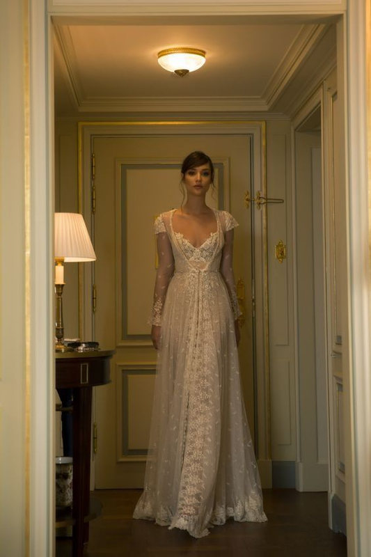 Elegantes Langes Ärmel Weißes A-Linien-Spitzen-Brautkleid, Brautkleid, D955