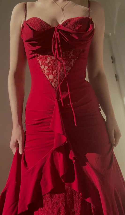 Robe de soirée longue rouge à bretelles spaghetti et dentelle fourreau MD7845