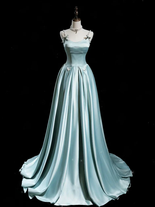 Robe de soirée longue en satin bleu clair à bretelles spaghetti, coupe trapèze, MD7431