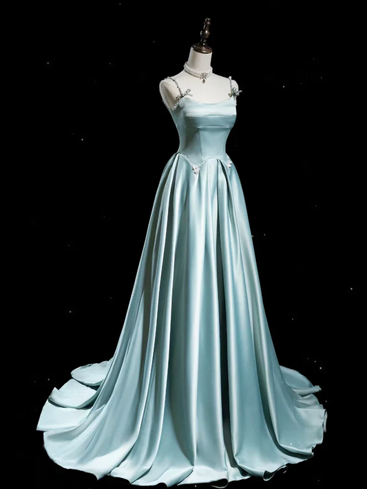 Robe de soirée longue en satin bleu clair à bretelles spaghetti, coupe trapèze, MD7431