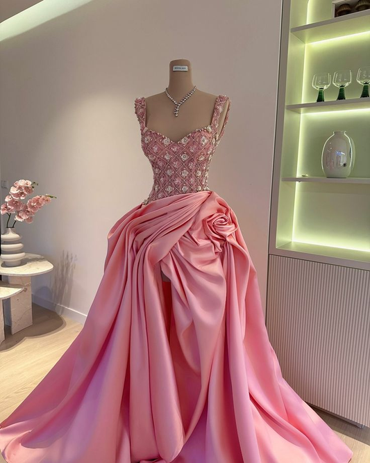 Robe de bal longue en satin rose à bretelles trapèze et perles, robe de soirée, robe d'anniversaire, D763