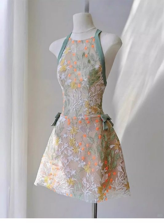 Robe de soirée trapèze à imprimé floral vintage, col licou, robe de soirée, D1386