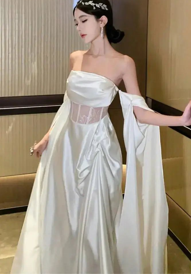 Robe de bal longue blanche en satin et dentelle, épaules dénudées, robe de mariée MD7537