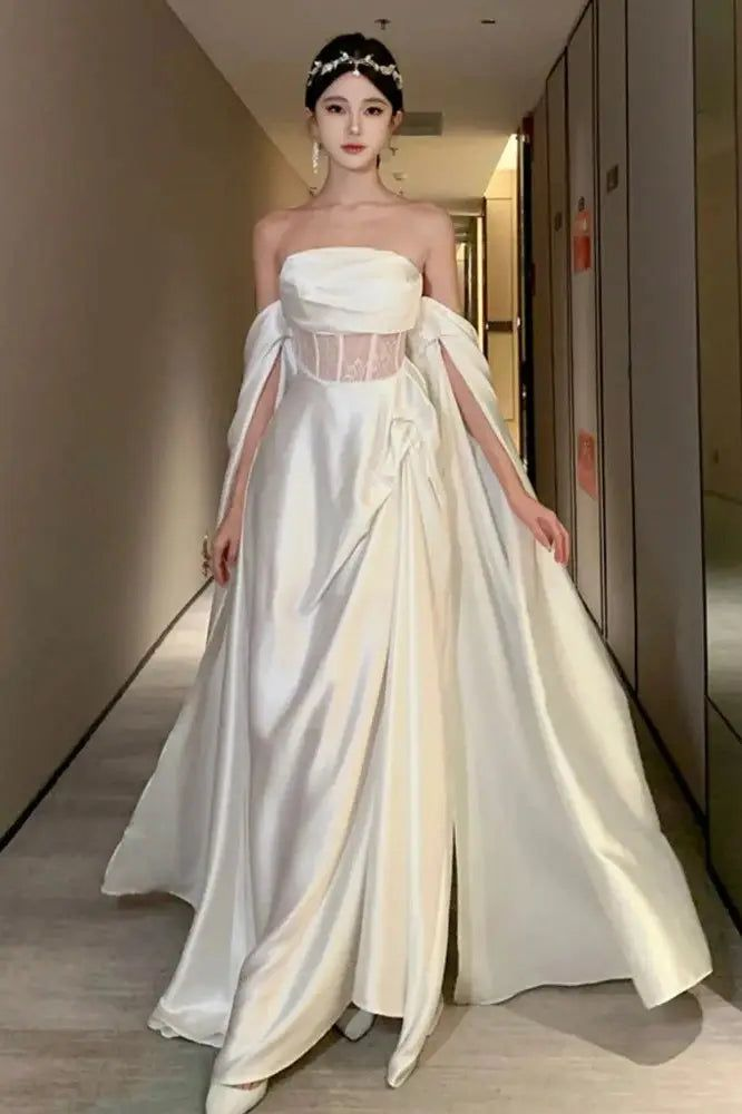 Robe de bal longue blanche en satin et dentelle, épaules dénudées, robe de mariée MD7537