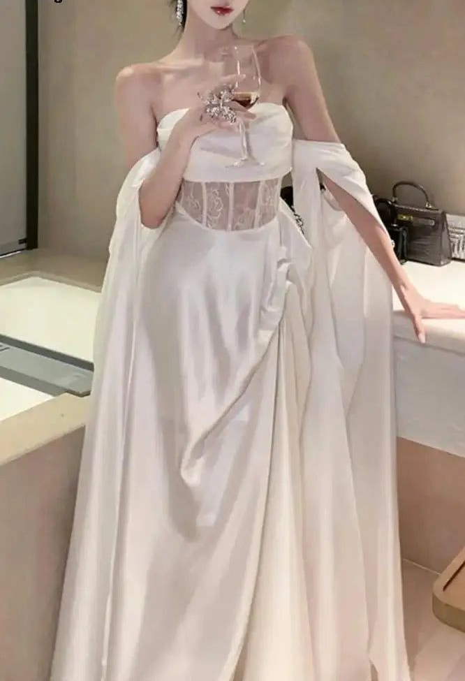 Robe de bal longue blanche en satin et dentelle, épaules dénudées, robe de mariée MD7537