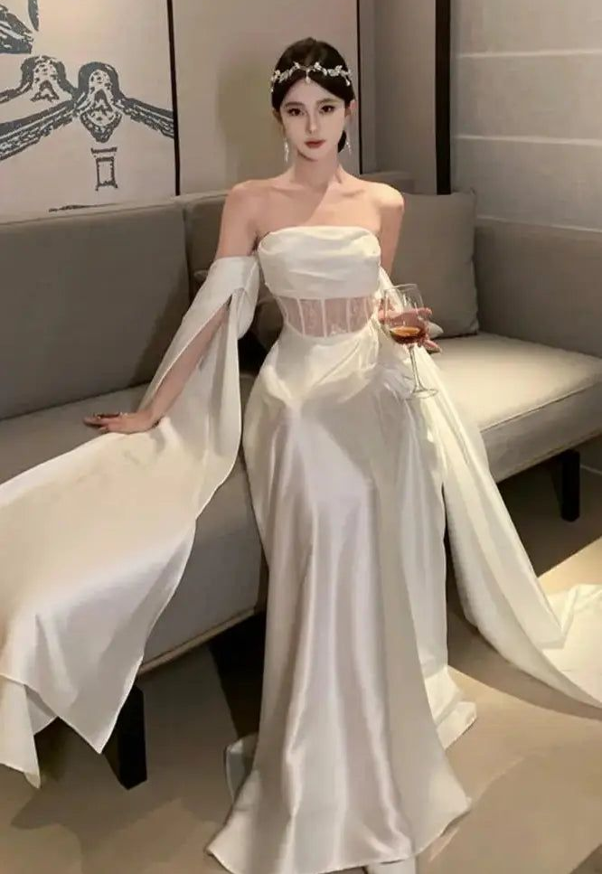 Robe de bal longue blanche en satin et dentelle, épaules dénudées, robe de mariée MD7537