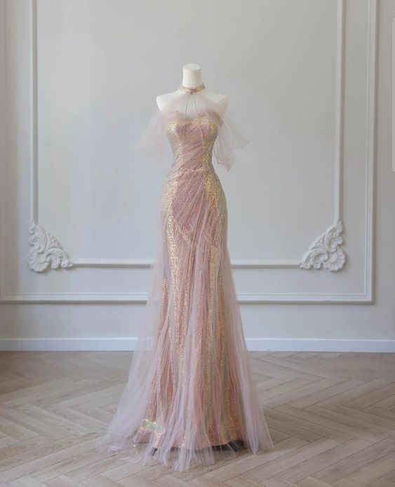 Pink Halter Off Shoulder Tulle Sequins Mermaid Long Party Dress MD7441