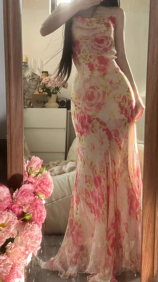 Retro Pink Floral Spaghetti Strap Design Elegant Chiffon Evening Dress Prom Dresses D1489