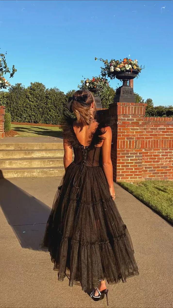 Robe de soirée longue trapèze noire en tulle à bretelles, robe de bal princesse MD7322