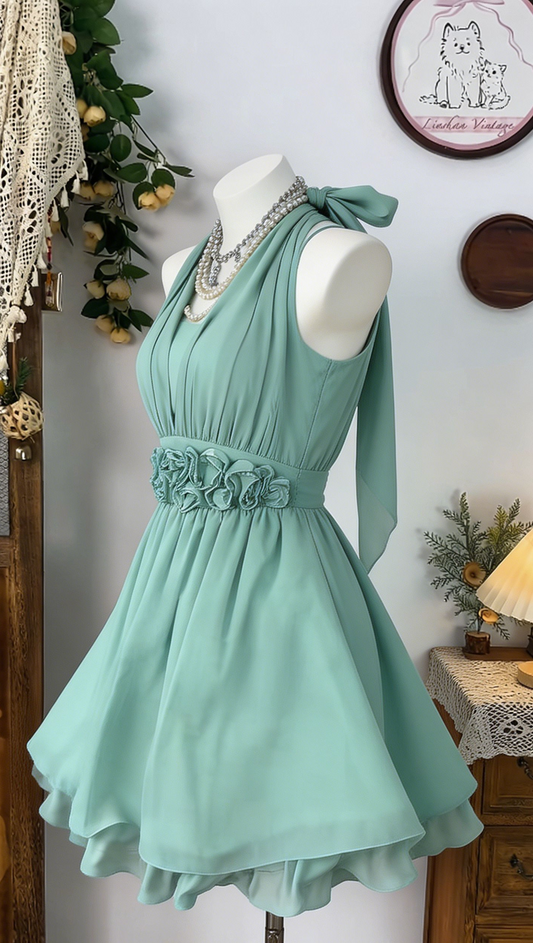 Beauty Homecoming Dress Halter Pleated Flower Back to School Outfits Party Dress D6537
