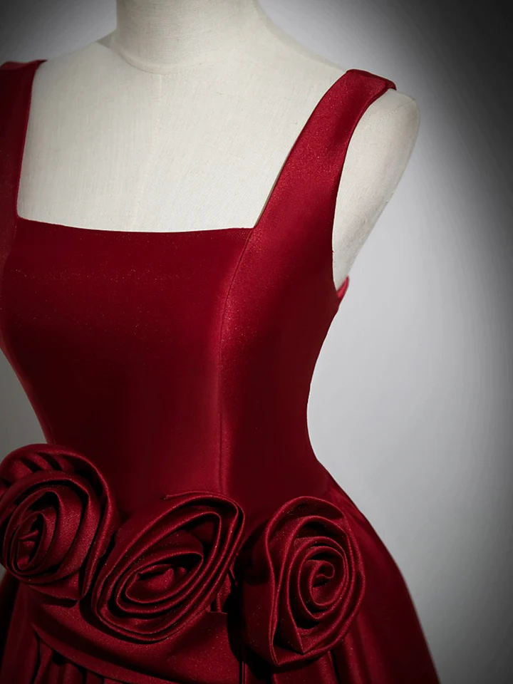 Red Satin Long Prom Dress with Flowers Elegant A-Line Enening Gown MD7183