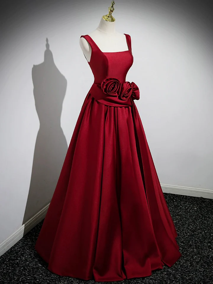 Red Satin Long Prom Dress with Flowers Elegant A-Line Enening Gown MD7183