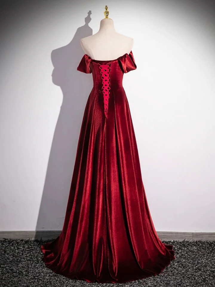 Burgundy Velvet Elegant A-Line Off Shoulder Formal Party Dress MD7184