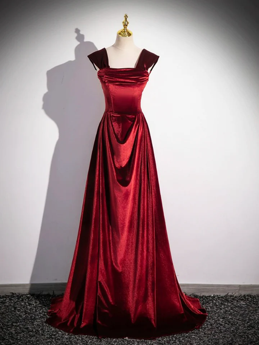 Robe de soirée élégante en velours bordeaux, coupe trapèze, épaules dénudées, MD7184
