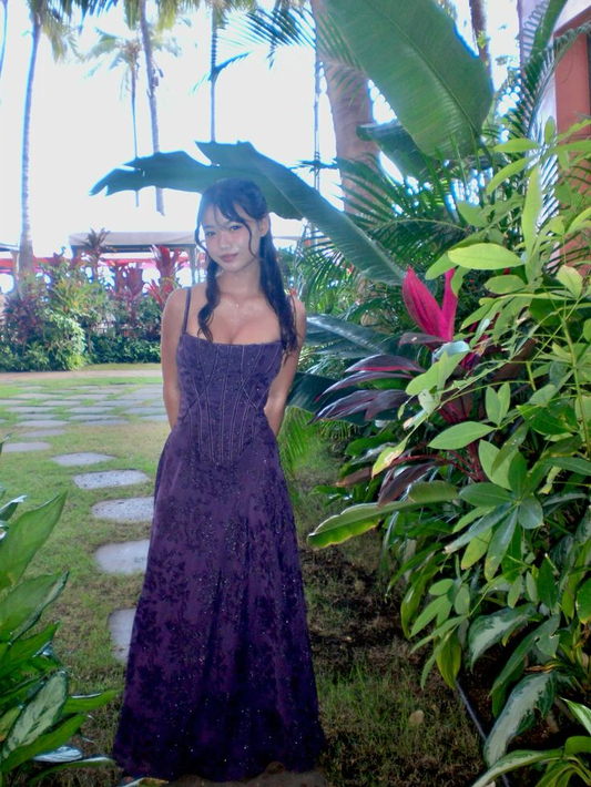 Dunkelviolettes A-Linien-Abendkleid mit Spaghettiträgern, lang, formelles Ballkleid, D931