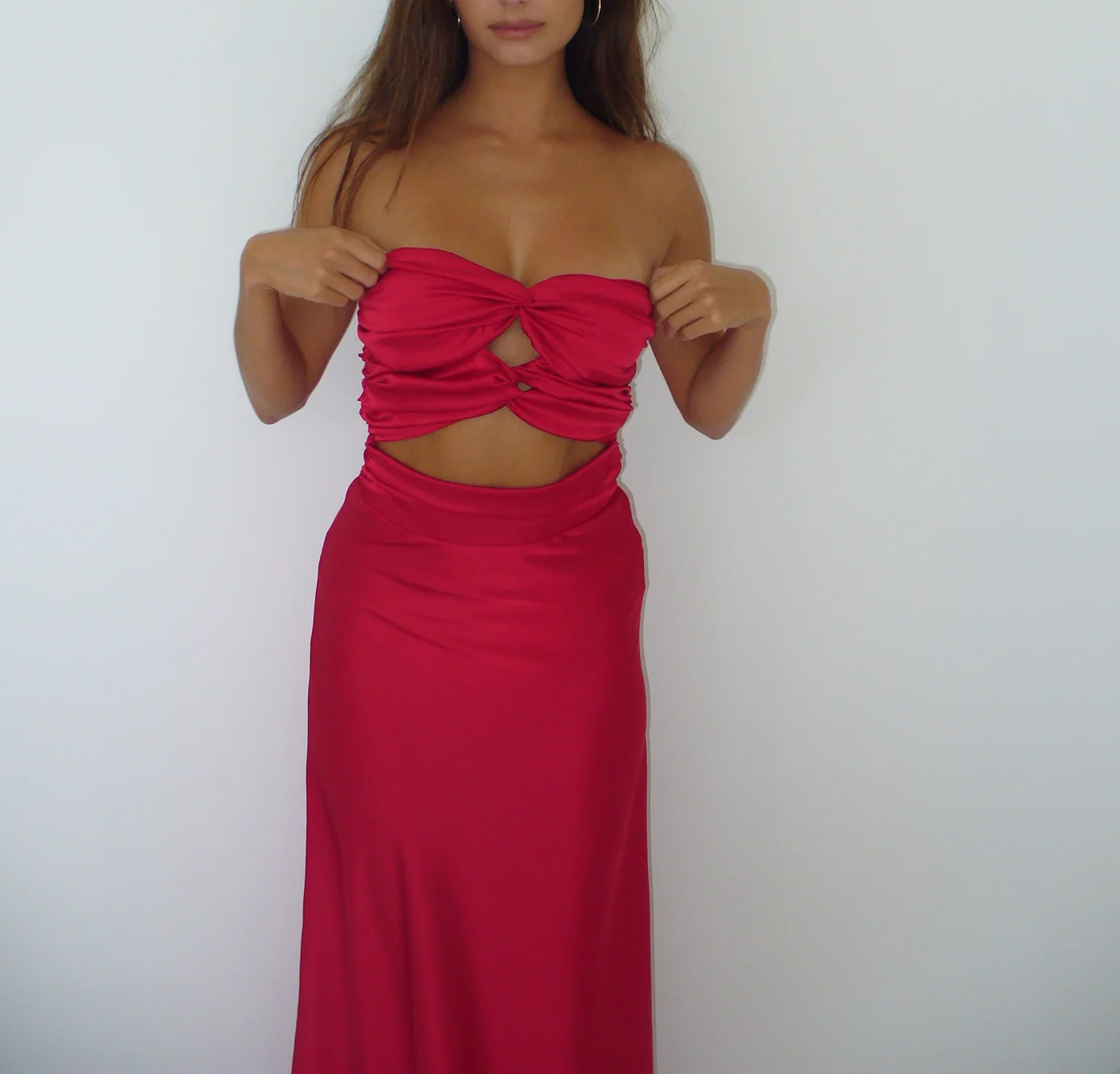 Pretty Red Strapless Sheath Satin Long Party Dress Birthday Outfits MD7608