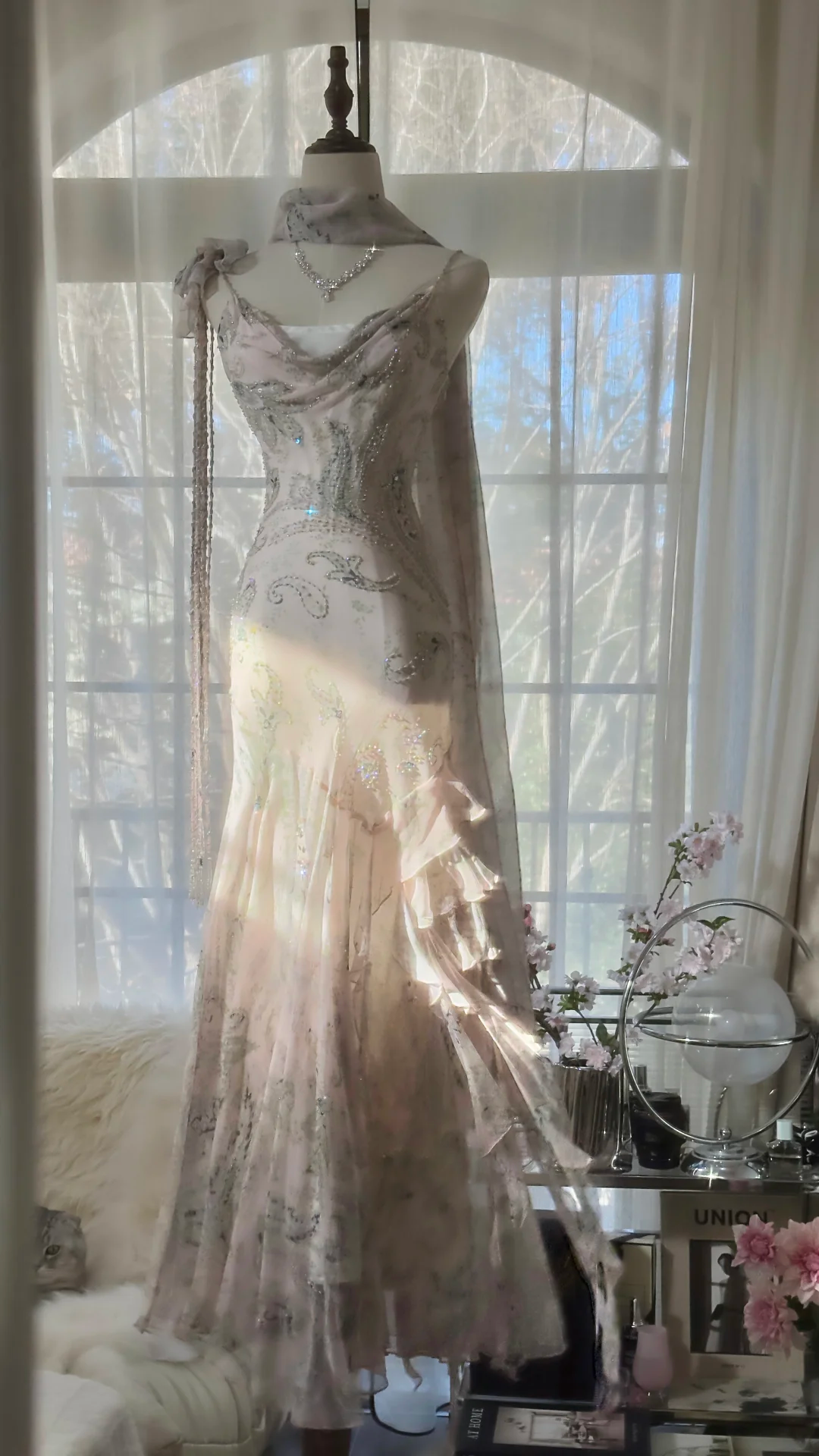 Light Pink Straps Mermaid Beaded Long Evening Dresses Birthday Outfits, D1072