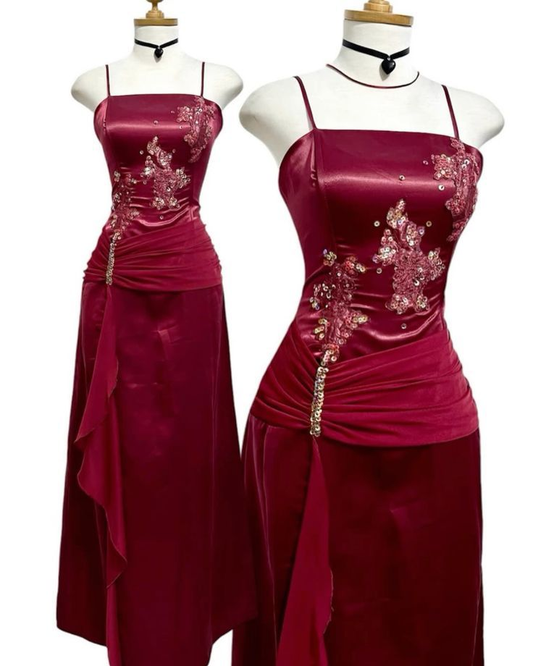 Weinrotes Träger Etuikleid aus Satin, lang, Partykleid, Vintage, Abendkleid, D738