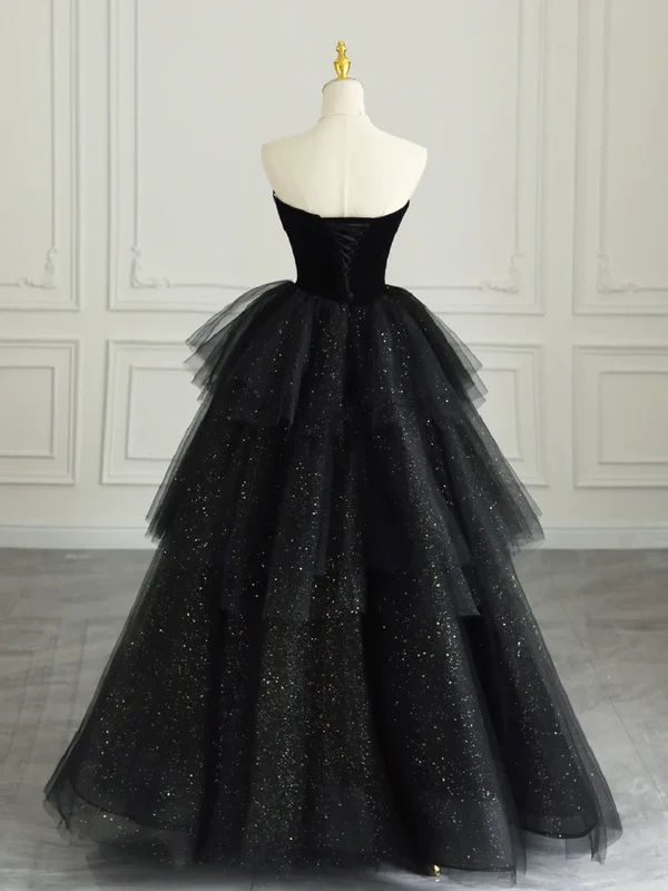 Black Sweetheart A-Line Tulle Tiered Long Formal Evening Ball Gown MD7527