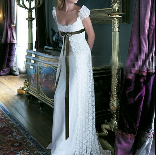 Retro Weiß A-Linie Spitze Satin Langes formelles Partykleid Hochzeitskleid Brautkleid, D920