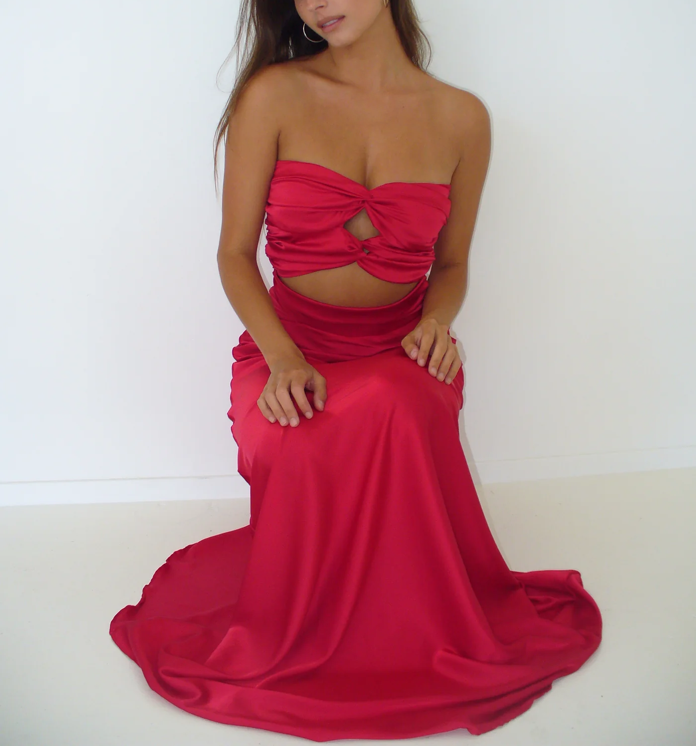 Pretty Red Strapless Sheath Satin Long Party Dress Birthday Outfits MD7608