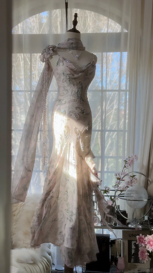 Robe de soirée longue rose clair à bretelles style sirène et perles, tenue d'anniversaire, D1072